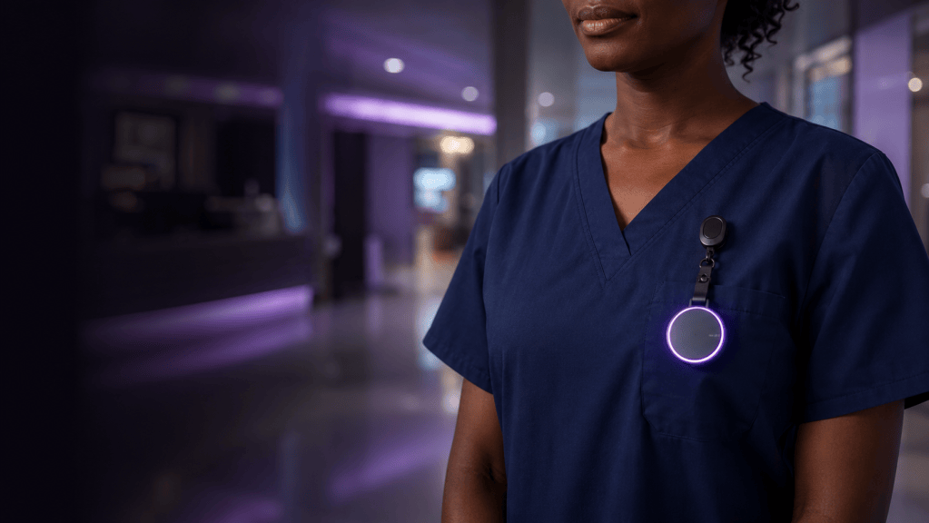 Black clinician in navy scrubs wearing a glowing privacy awareness badge in a purple-lit hospital corridor.