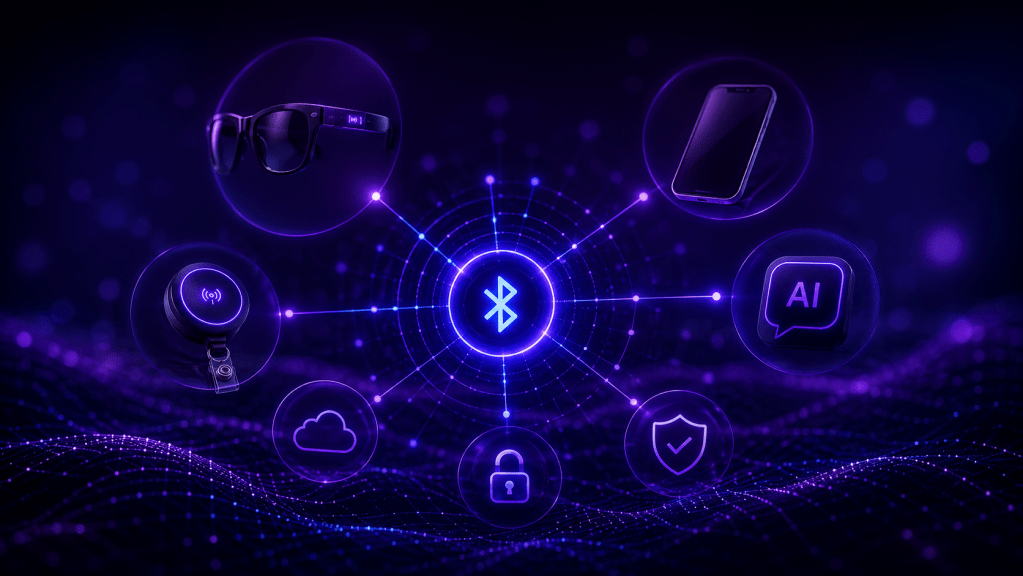 Bluetooth-style privacy signal network connecting smart glasses, a phone, an AI assistant, cloud, and security icons.