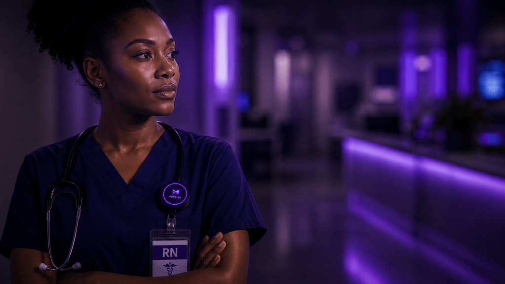 Black clinician in navy scrubs with a stethoscope standing in a softly lit clinical setting