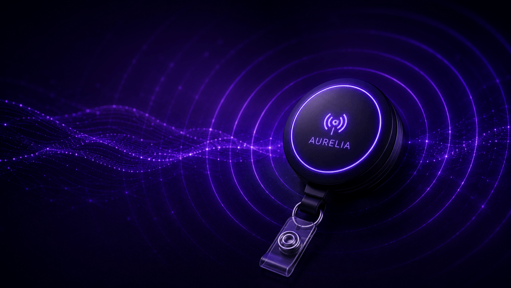 Glowing wearable privacy device surrounded by violet signal rings and digital waveform lines.